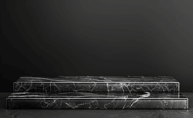 Black Marble Tabletop with White Line on Black Background for Product Display Montage, 3D Rendering Mockup Template