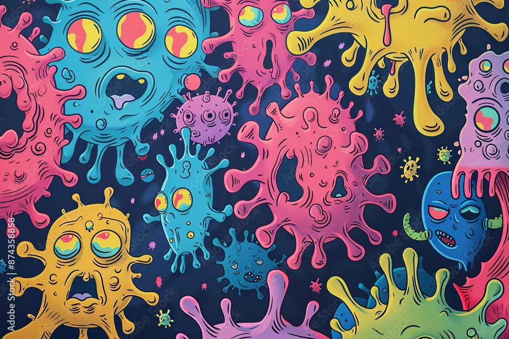 Poster dive into a whimsical virus fiesta where microscopic intruders take center stage in a lighthearted a