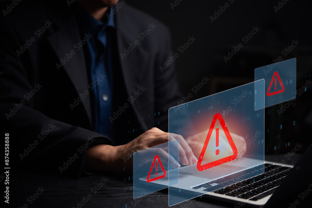 Poster man typing on laptop with floating red warning icons. represents cybersecurity threats, data protect