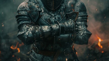 Fototapeta premium Arms folded in front of him in chainmail and protective metal knight suit