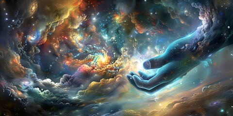 "Cosmic Creation: Hand in the Nebula"
"Stellar Touch: Hand Reaching for the Stars"