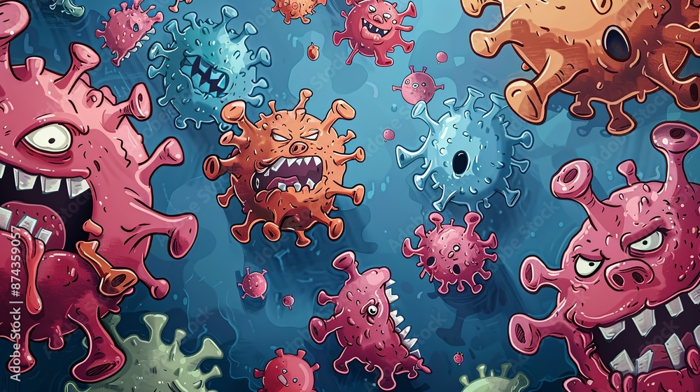 Poster dive into a whimsical virus fiesta where microscopic intruders take center stage in a lighthearted a