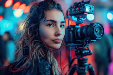 In a busy city at night, a woman holds a video camera and gazes into the lens among colorful lights