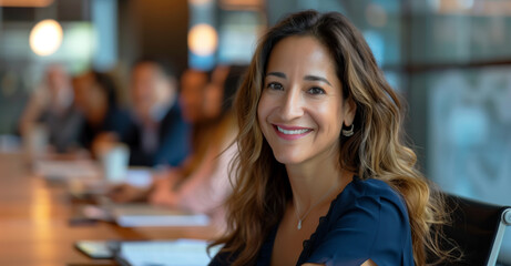 Obraz premium Smiling businesswoman attending a meeting in a modern office. Professional workspace and collaboration concept for design and print. Indoor view