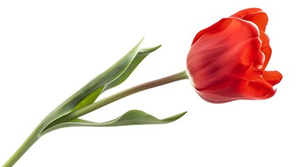 Vibrant Single Red Tulip Flower with Green Stem and Foliage on Plain Background