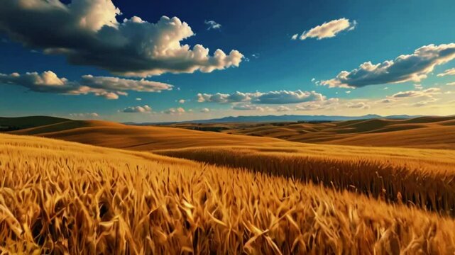 the beauty of vast golden wheat fields swaying in the breeze under a clear blue sky, with distant rolling hills creating a picturesque backdrop, 4K Ultra HD animation video