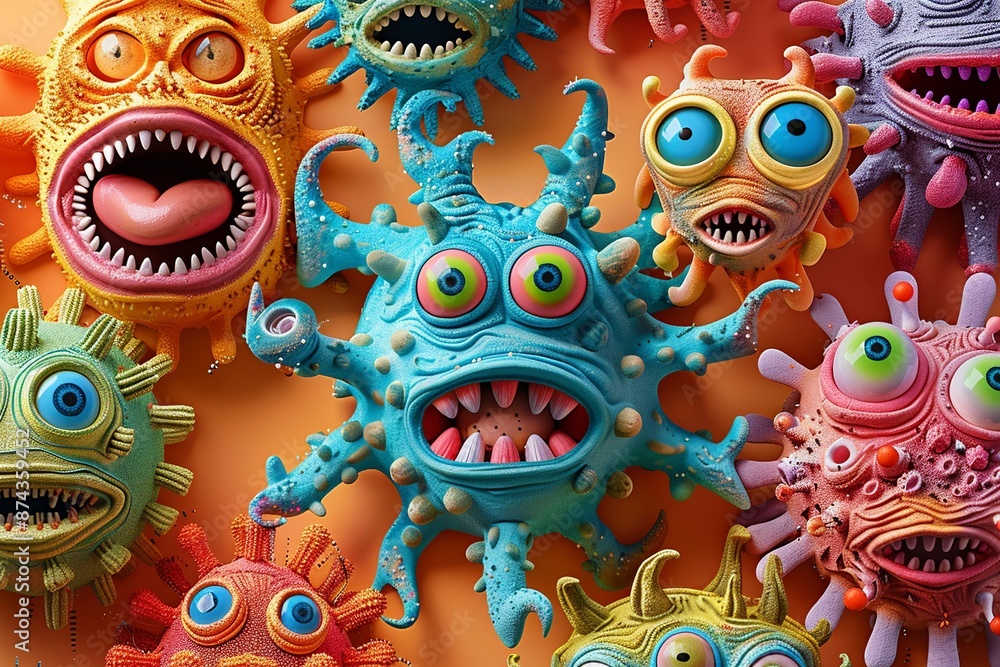 Poster dive into a whimsical virus fiesta where microscopic intruders take center stage in a lighthearted a