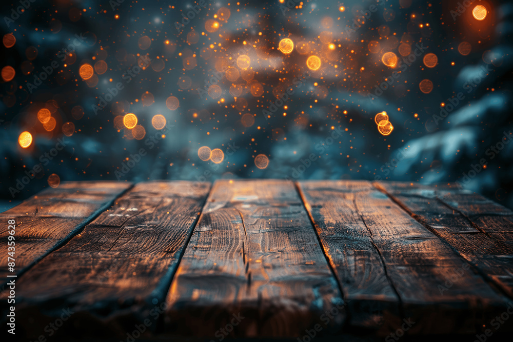 Aufkleber empty wooden table top with blurred bokeh lights background for product display or presentation in n