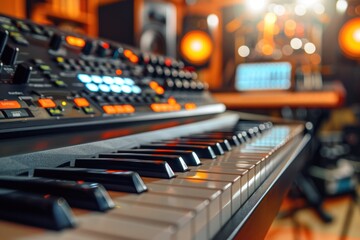 A close-up shot of a keyboard in a music studio, with buttons and a computer screen blurred in the...