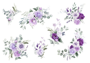 Purple flower isolated clipart PNG. Watercolor floral set on transparent background. Violet, mauve, lilac, lavender flowers and greenery collection for wedding invitation, greeting card, print design © Nataliya Kunitsyna