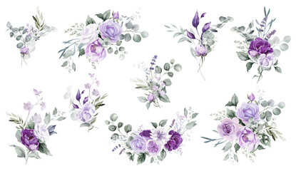 Purple flower isolated clipart PNG. Watercolor floral set on transparent background. Violet, mauve, lilac, lavender flowers and greenery collection for wedding invitation, greeting card, print design © Nataliya Kunitsyna
