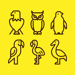 Flamingo, owl, penguin, parrot line icon set.Vector illustration