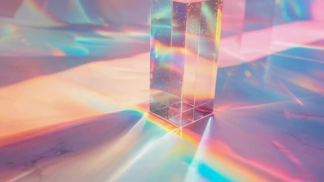 A glass prism casts vibrant light refractions in various colors. Photographed in the afternoon, this image captures the essence of light patterns and spectrum. The prism sits on a flat surface,