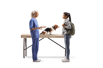 Female veterinarian talking to a young female with a basset hound dog