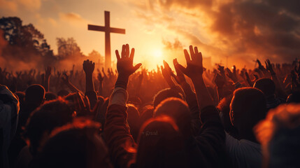 Christian Community Worship with Arms Raised in Praise at Sunset Festival