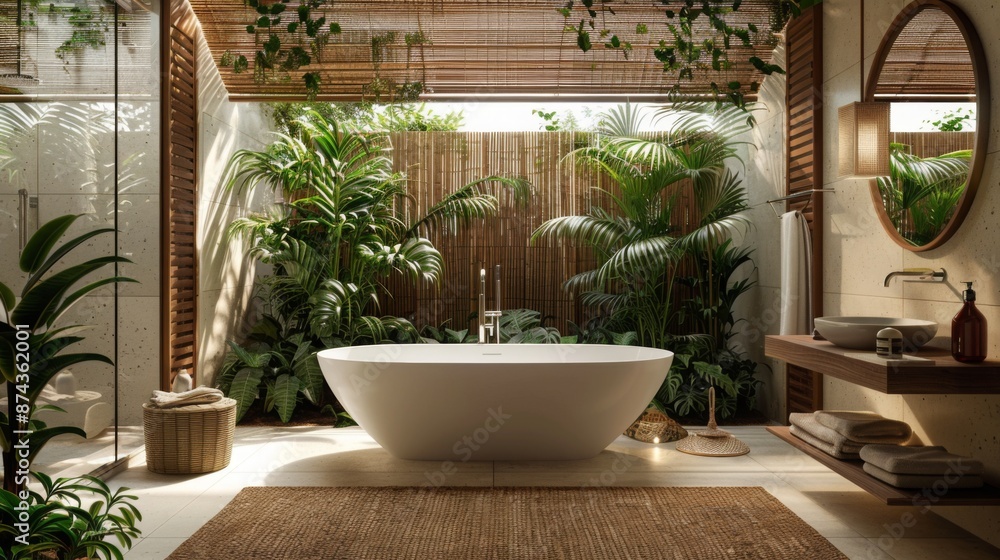 Aufkleber a modern bathroom features a freestanding bathtub surrounded by lush greenery, creating a relaxing a
