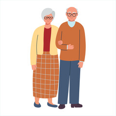 Grandmother and grandfather stand at full height on a white background. old man and old woman. A woman holds a man's arm. Cartoon flat style.
