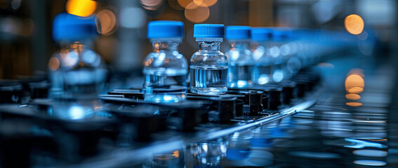 Medical Vials Production Line, Pharmaceutical Glass Bottles Filling Machine, Automated Liquid Filling, Sterile Production, Pharmacy Manufacturing Process, Generative AI Imagery