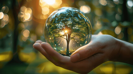 Fototapeta premium Human hand holding glass sphere with tree inside in forest background with sun rays. Environment conservation concept. Stock photo with bokeh effect and green color palette