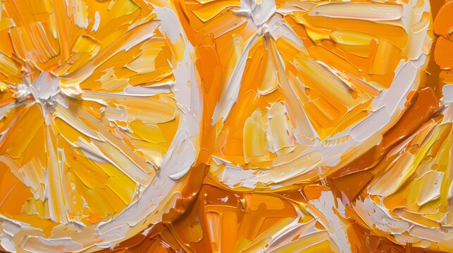 Artistic close-up of orange slices in a vibrant, textured painting. Colorful abstract painting of juicy orange slices with bold brushstrokes.
