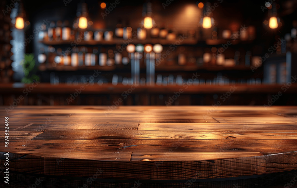 Poster empty wooden table in rustic bar with blurred background for product display high resolution photo