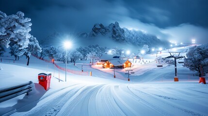 Twilight scene of illuminated gear glowing against blue-tinted snow, with the lights of a night skiing session twinkling on distant slopes