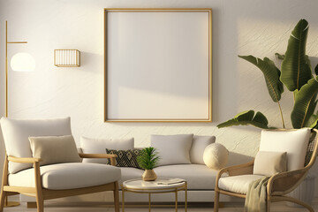 Fototapeta premium A cozy modern living room setup featuring a blank picture frame, designed as an ideal wallpaper or background for home decor ideas