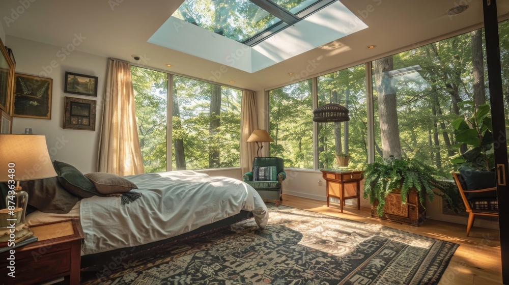 Poster a bedroom with a skylight and large windows overlooking a lush forest. the room is decorated with a 