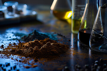 Close-up of soil sample being tested for heavy metals in lab. Surrounded by beakers with colorful liquids, indicating different analysis stages