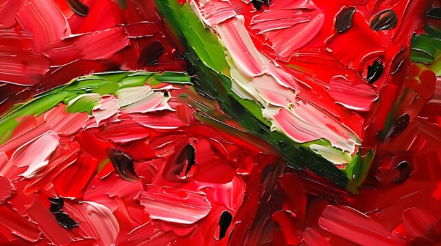 Artistic close-up of watermelon slices in a vibrant, textured painting. Colorful abstract painting of juicy watermelon with bold brushstrokes.