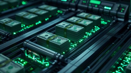 Obraz premium Overview of a hightech money printing facility, Realistic, Green and metallic hues, Detailed factory layout and machinery