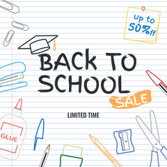 Back to School SALE, Layout - School Supplies Outline and Logo with Graduation Cap on Notebook Paper Background. Limited Time, 50% off, Square Shape.
