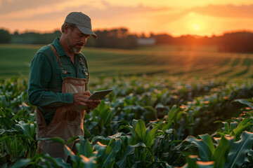 Middle-aged farmer using tablet in green corn field at sunset for crop and harvest review, showcasing modern technology and sustainable agriculture practices