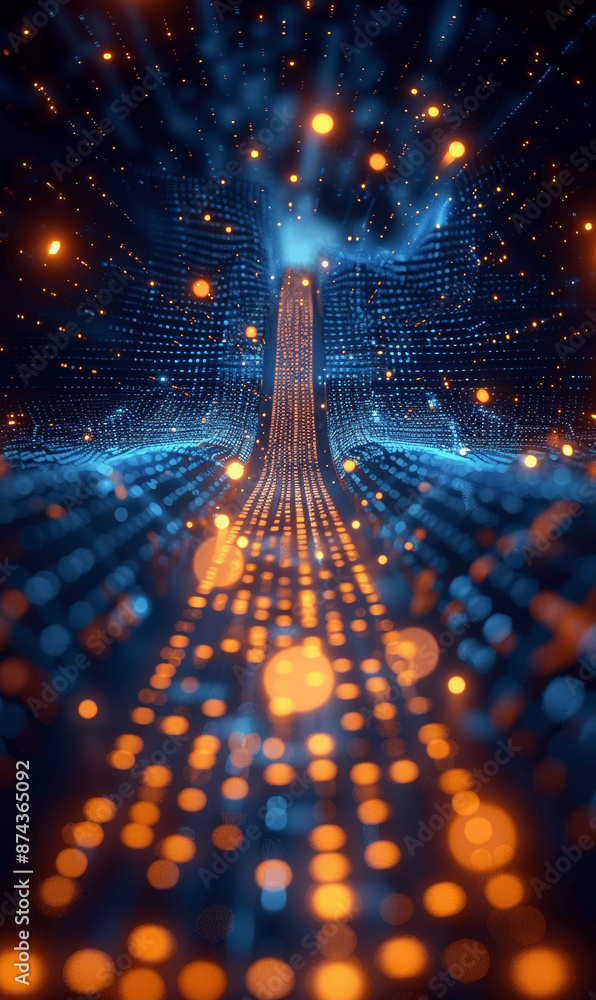Poster glowing upward arrow with blue and yellow light trails on abstract digital matrix background high-sp