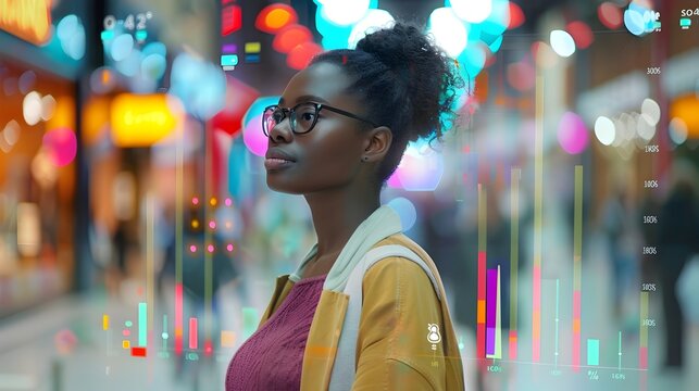 Woman Shopping with Interactive Digital Sales Analytics in Modern Mall - Powered by Adobe