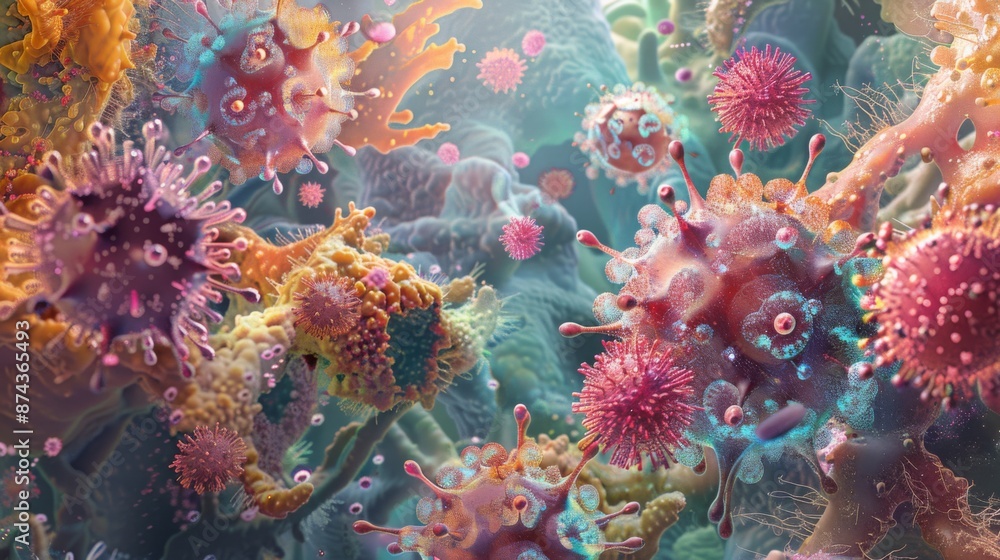 Poster A close-up view of a vibrant microcosm showcasing various colorful viral cells interacting and moving within a larger structure.