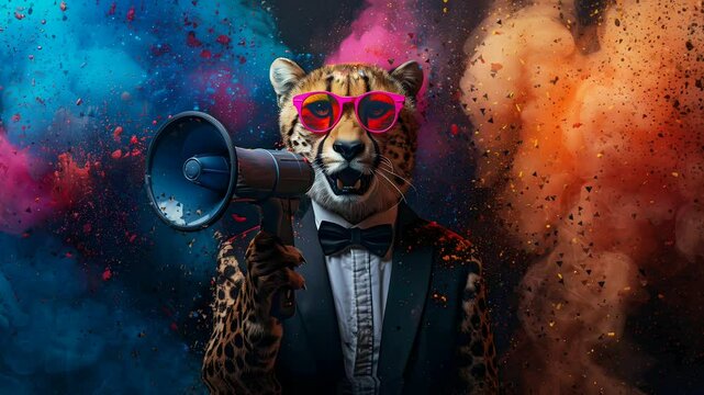 adorable leopard wear tuxedo hold megaphone