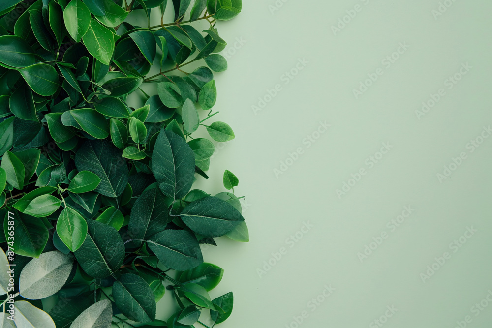 Aufkleber minimalistic green background with leaves on the left side, top view. mockup for design in the style