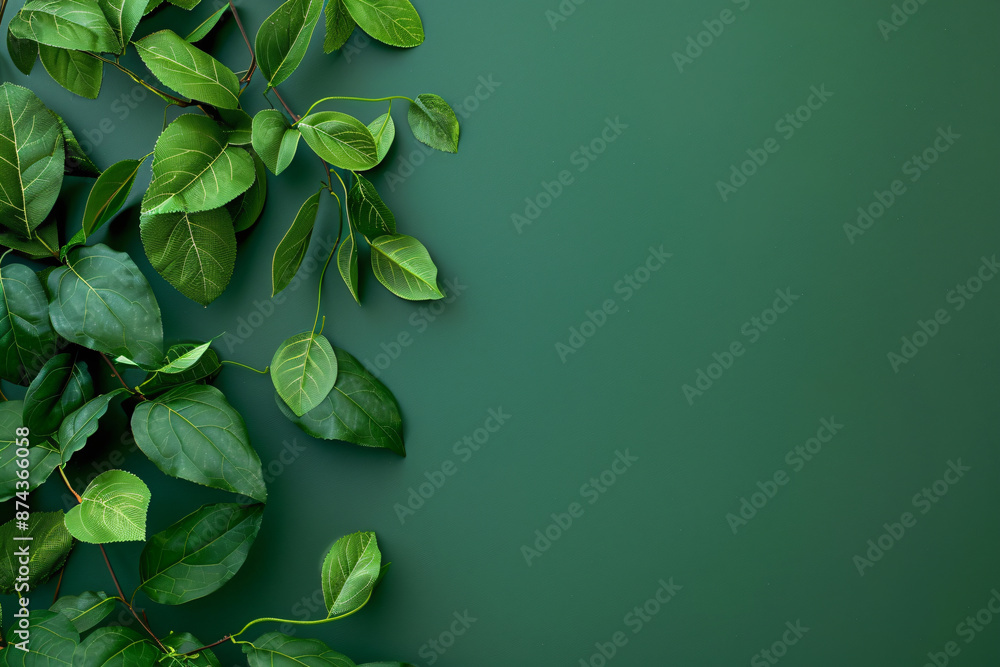 Aufkleber minimalistic green background with leaves on the left side, top view. mockup for design in the style