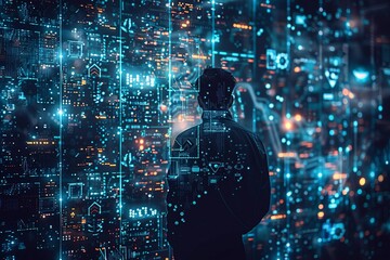 Witness the Cyber Security Guardian immersed in a digital environment, overseeing online data protection for a global business network server. With a focus on safeguarding cyber information