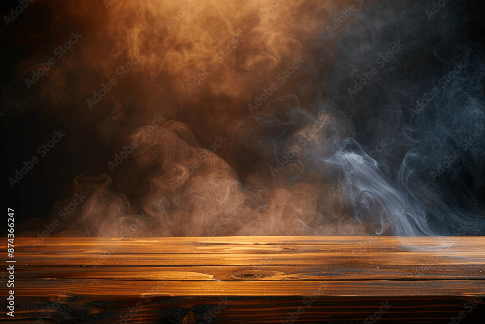 Poster empty wooden table with smoke for product display on dark background