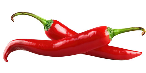 Two red delicious spicy chili peppers cut out, isolated, transparent background - PNG.