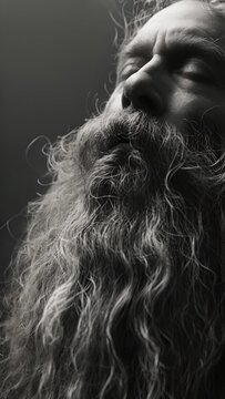 A full bushy beard cascades down the chin and neck resembling a waterfall of black and white. Black and white art