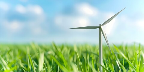 Obraz premium Closeup of wind turbine in green field symbolizing clean renewable energy. Concept Renewable Energy, Wind Turbines, Green Technology, Sustainable Living, Environmental Conservation