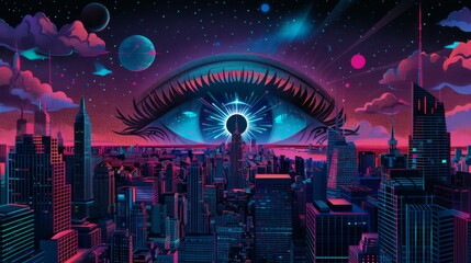 Obraz premium all seeing eye, psychedelic style vector illustration with fantasy cityscape on black background, detailed and colorful, highly realistic, surrealistic style, dark colors, dark blue and pink color