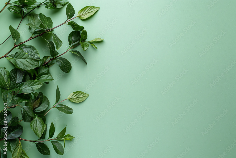 Aufkleber minimalistic green background with leaves on the left side, top view. mockup for design in the style