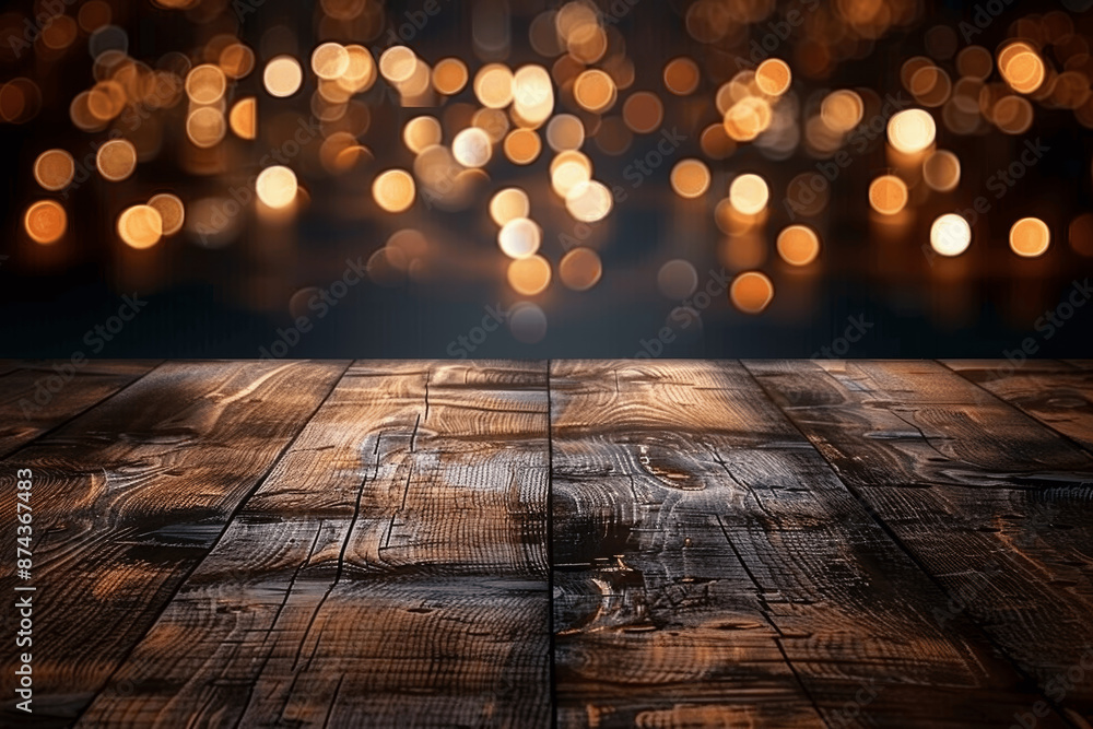 Poster empty wooden table top with blurred bokeh lights background for product display or montage