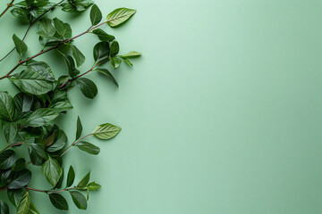 Fototapeta premium Minimalistic green background with leaves on the left side, top view. Mockup for design in the style of leaves.