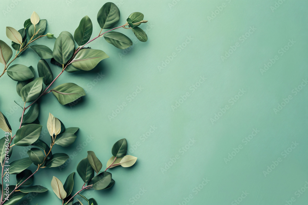 Poster minimalistic green background with leaves on the left side, top view. mockup for design in the style
