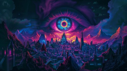 Obraz premium all seeing eye, psychedelic style vector illustration with fantasy cityscape on black background, detailed and colorful, highly realistic, surrealistic style, dark colors, dark blue and pink color
